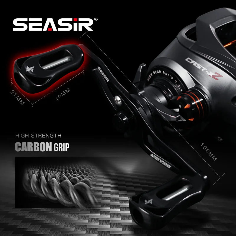 SEASIR Cast-X2 Carretel de arremesso 7.3:1 Relação de engrenagem de alta velocidade Arraste 8.5KG Alumínio Carbono Grip Metal Handle BFS Micro Carretilhas de pesca